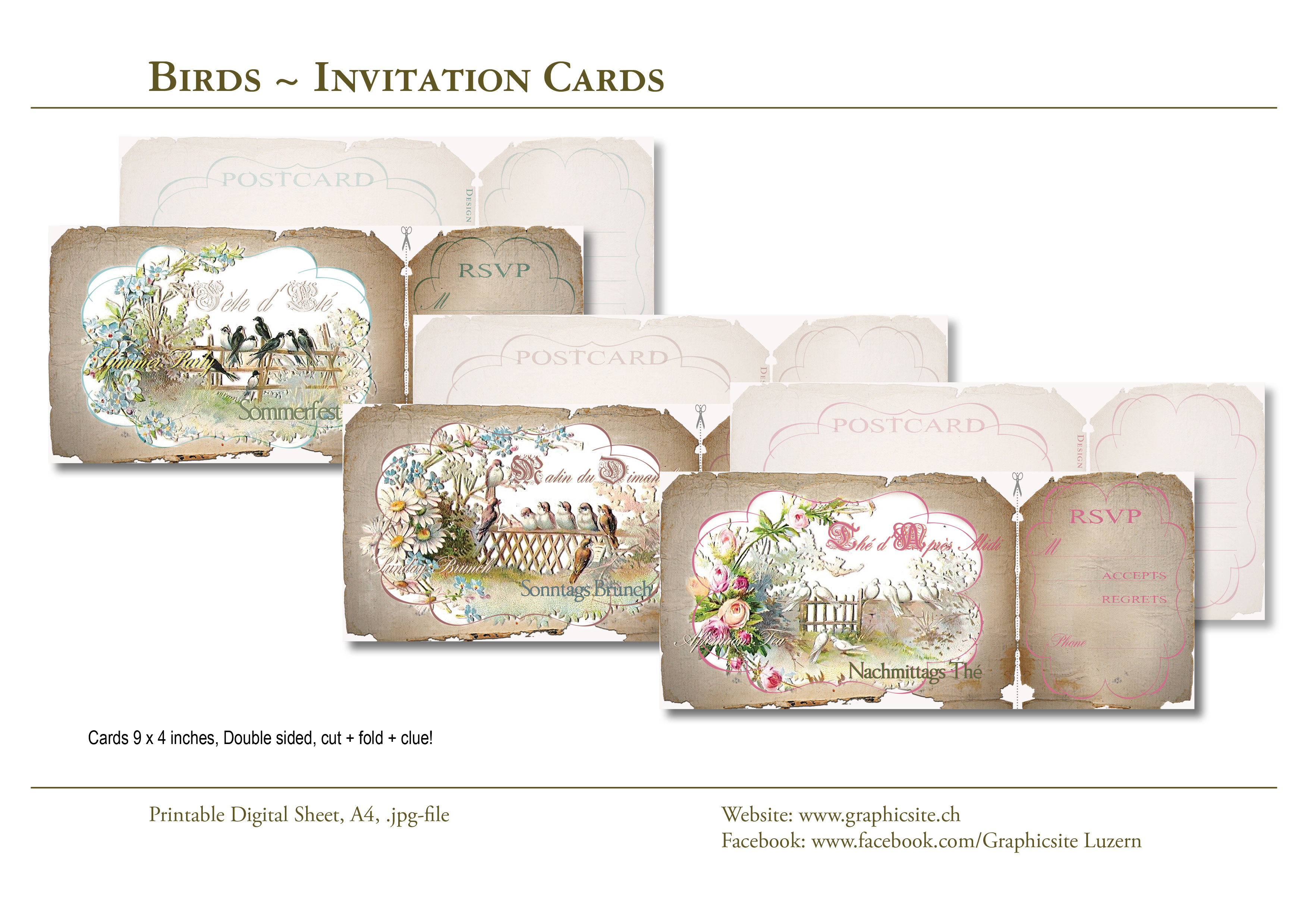 Karten selber drucken - Einladung, Party, Brunch - Birds Invitation Cards